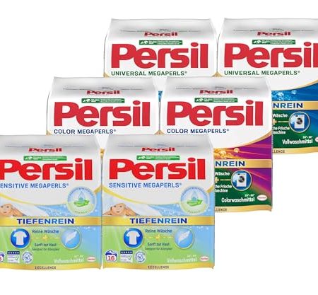 Persil Set 2x Universal & 2x Color & 2x Sensitive Megaperls Tiefenrein 48 Waschladungen (3x 16WL), Voll- und Colorwaschmittel & für Allergiker, sensible Haut, 20 °C bis 95 °C, ECARF-zertifiziert