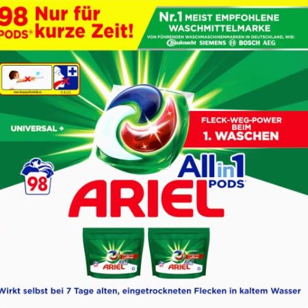 Ariel Waschmittel Pods All-in-1, 98 Waschladungen (2x49) Universal Frischer Wäscheduft und Fleckenentfernung selbst bei niedrigen Wassertemperaturen