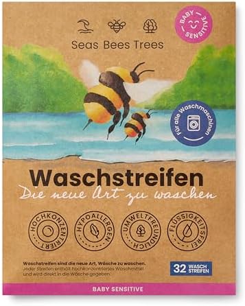 Seas Bees Trees Waschmittel Blätter Baby Sensitive, sanfte und gründliche Reinigung für Babykleidung, nachhaltige Wäschestreifen ohne Duft, für Weiß-, Bunt- und Handwäsche, 32 Streifen