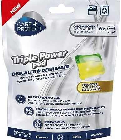 CARE + PROTECT Triple Power Pod Entkalker & Entfetter für Waschmaschine/Geschirrspüler, Hygienisierer, Reiniger, energiesparende Lösung, 1 Packung mit 6 Pods, 6 Monate Schutz