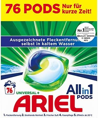 Ariel Waschmittel All-in-1 PODS Universal 76 PODS – 76 Waschladungen, Ausgezeichnete Fleckentfernung selbst in kaltem Wasser, frischer Duft