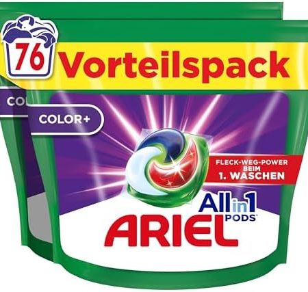 Ariel Waschmittel Pods All-in-1, Waschmittel 76 Waschladungen, Color+, Kraftvolle Fleckenentfernung in nur 1 Waschgang