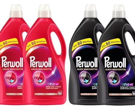 PERWOLL Flüssig-Set 4x 80 Waschladungen (320WL) 2x Black & 2x Color, Feinwaschmittel-Set reinigt sanft und erneuert Farben und Fasern, Waschmittel mit Dreifach-Renew-Technologie