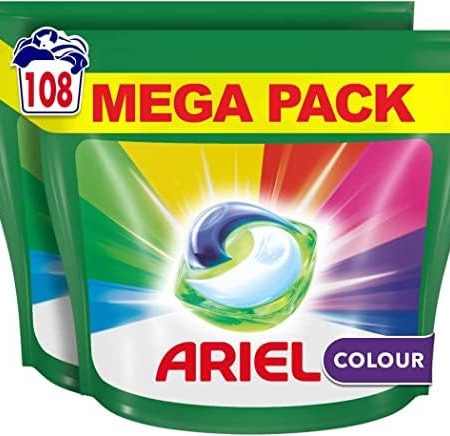 Ariel All-in-1 Colorwaschmittel-Kapseln, 108 Waschgänge (2 x 54 Pods), entfernt hartnäckige Flecken auch bei niedrigen Temperaturen