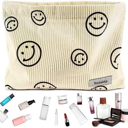 Reise Kulturtasche Multifunktionaler Kosmetiktasche Waschtasche Waschtasche Makeup Organizer Smile Muster Für Damen Mädchen, Beige