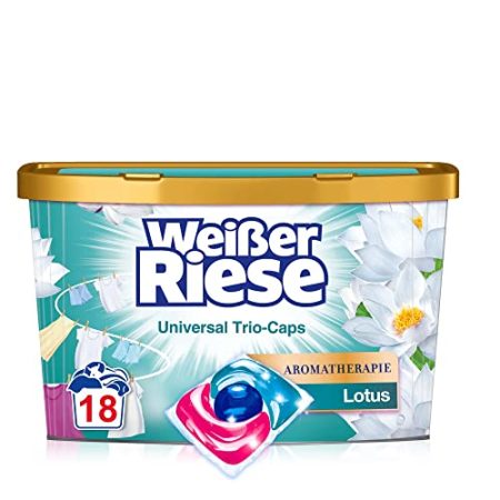 Weißer Riese Universal Trio-Caps Aromatherapie Lotus (18 Waschladungen), Waschmittel mit Good Mood-Duft für unwiderstehlich duftende & strahlend saubere Wäsche, 100% recycelbar