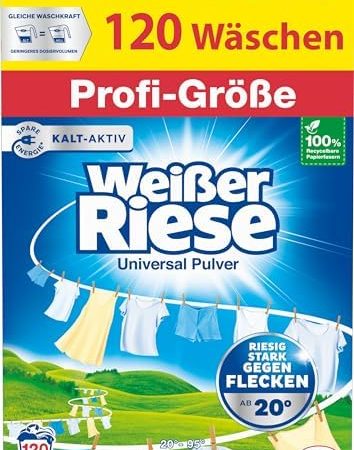 Weißer Riese Universal Pulver in Profi-Größe (120 Waschladungen), Waschpulver Großpackung für Industrie & Gewerbe, kalt-aktives Vollwaschmittel wirkt riesig stark gegen Flecken ab 20 °C