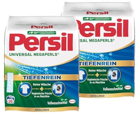 Persil Universal Megaperls 32 Waschladungen (2x 16WL), Vollwaschmittel mit Tiefenrein Technologie, Waschmittel für reine Wäsche & hygienische Frische für die Maschine, 20 °C bis 95 °C