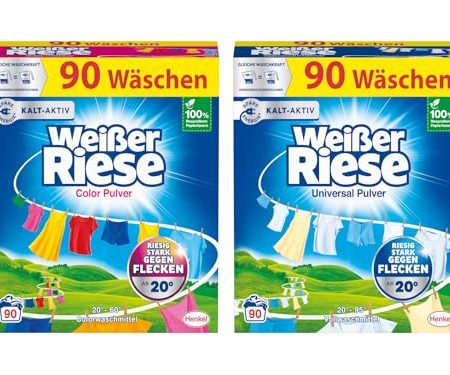 WEISSER RIESE Pulver-Set 2x 90 Waschladungen (180WL) 1x Color & 1x Universal, Color- & Vollwaschmittel wirkt riesig stark gegen Flecken, Kalt-Aktiv schon ab 20° C, ergiebiges Waschpulver