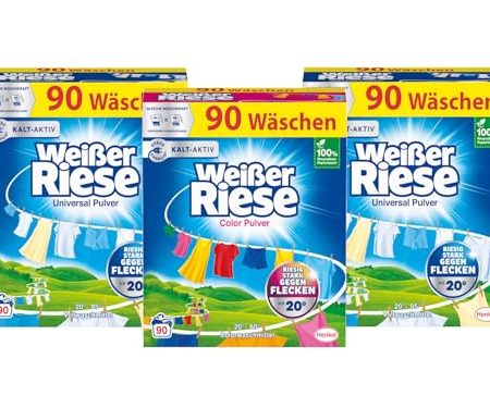 WEISSER RIESE Pulver-Set 3x 90 Waschladungen (270WL) 1x Color & 2x Universal, Color- & Vollwaschmittel wirkt riesig stark gegen Flecken, Kalt-Aktiv schon ab 20° C, ergiebiges Waschpulver