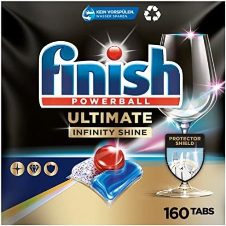 Finish Ultimate Infinity Shine Spülmaschinentabs – Geschirrspültabs für ultimative Reinigung, Fettlösekraft und Glanz mit Schutzschild – Gigapack mit 2x80 Tabs.