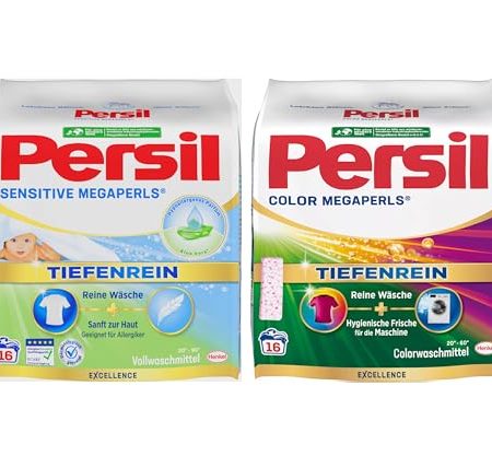 Persil Set Color & Sensitive Megaperls Tiefenrein 32 Waschladungen (2x 16WL), Colorwaschmittel & Waschmittel für Allergiker & für sensible Haut, 20 °C bis 95 °C, ECARF-zertifiziert