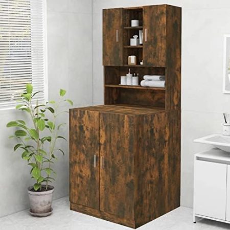 Festnight Waschmaschinenschrank Hochschrank Waschmaschine Badschrank Badregal Badezimmerschrank Überbau Waschturm Schrank Toilettenschrank Räuchereiche 70,5x25,5x90 cm