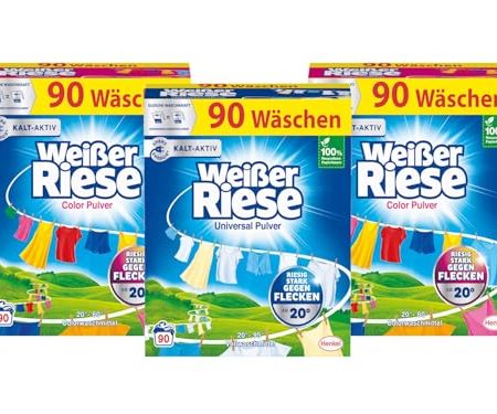 WEISSER RIESE Pulver-Set 3x 90 Waschladungen (270WL) 2x Color & 1x Universal, Color- & Vollwaschmittel wirkt riesig stark gegen Flecken, Kalt-Aktiv schon ab 20° C, ergiebiges Waschpulver