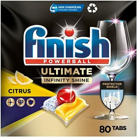 Finish Ultimate Infinity Shine Citrus Spülmaschinentabs – Geschirrspültabs für ultimative Reinigung, Fettlösekraft und Glanz mit Schutzschild – Sparpack mit 80 Tabs