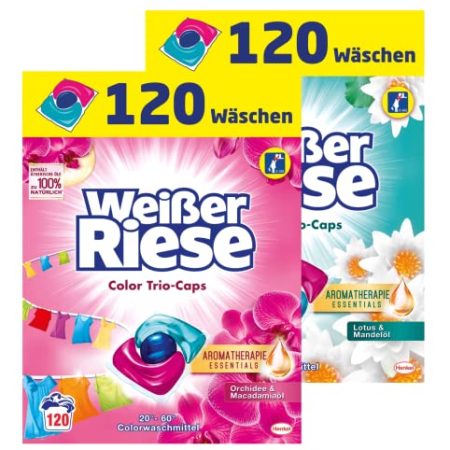 Weißer Riese Universal + Color Trio-Caps Aromatherapie Essentials, Waschmittel Colorwaschmittel + Universalwaschmittel 240 (2 x 120) Waschladungen mit ätherischen Ölen, die zu 100% natürlich sind