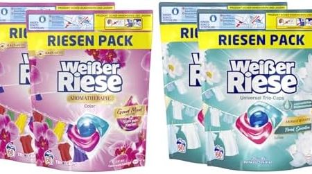 WEISSER RIESE Trio-Caps-Set 2x 120 Waschladungen (240WL) Aromatherapie 1x Color Orchidee & 1x Universal Lotus, mit Good Mood-Duft für unwiderstehlich duftende & strahlend saubere Wäsche