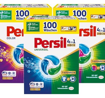 Persil Set 1x Universal & 2x Color 4in1 DISCS 300 Waschladungen (3x 100WL), Vollwaschmittel & Color Waschmittel Tiefenrein, für reine Wäsche und hygienische Frische für die Maschine