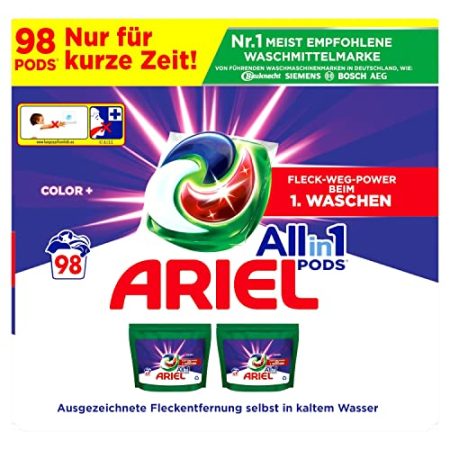 Ariel Waschmittel Pods All-in-1, Color Waschmittel, (2x49) 98 Waschladungen, Fleckenentfernung selbst bei niedrigen Wassertemperaturen