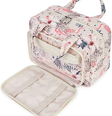 Kulturtasche Damen Gross & Kosmetiktasche Groß, Make up Tasche für Herren & Volle Größe Kulturbeutel für Kinder (Beige Flamingo)