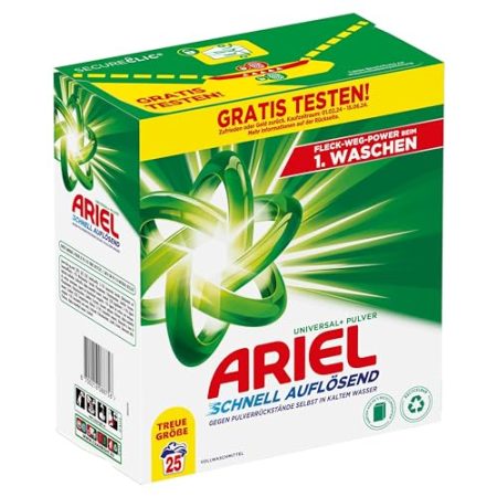 Ariel Schnell Auflösendes Pulverwaschmittel Universal+ 1.5 kg, 25 Waschladungen, Ausgezeichnete Fleckenentfernung