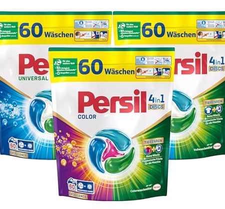 Persil Set 2x Universal & 1x Color 4in1 DISCS 180 Waschladungen (3x 60WL), Vollwaschmittel & Color Waschmittel Tiefenrein, für reine Wäsche und hygienische Frische für die Maschine