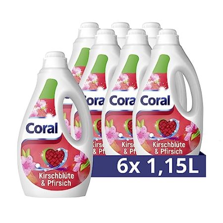 Coral Dufterlebnis Colorwaschmittel Kirschblüte & Pfirsich Flüssigwaschmittel für bunte Wäsche mit langanhaltendem Duft 6 x 1,15 L 23 WL