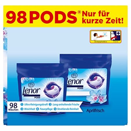 Lenor Waschmittel Pods All-in-1, 98 Waschladungen (2x49) Lenor Aprilfrisch mit Ultra Reinigungskraft