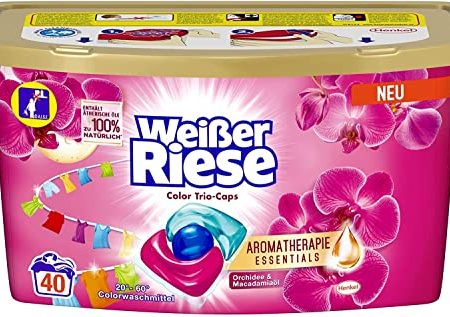 Weißer Riese Color Trio-Caps Aromatherapie Essentials (40 Waschladungen), Waschmittel mit Orchidee & Macadamiaöl, pflegendes Colorwaschmittel mit ätherischen Ölen, die zu 100% natürlich sind