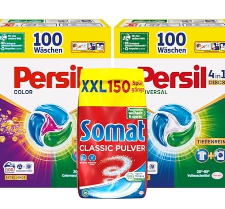 Persil Universal & Color 4in1 DISCS 200 Waschladungen (2x 100WL) & SOMAT Classic Pulver 150 Spülgänge, Vollwaschmittel & Color Waschmittel Tiefenrein & Spülmaschinenreiniger Großpackung