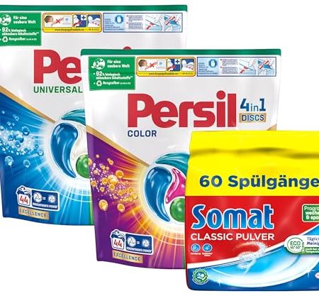 Persil Universal & Color 4in1 DISCS 88 Waschladungen (2x 44WL) & SOMAT Classic Pulver 60 Spülgänge, Vollwaschmittel & Color Waschmittel Tiefenrein & Spülmaschinenreiniger Großpackung