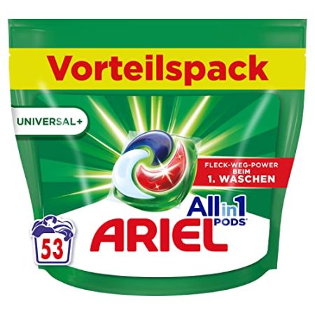 Ariel Allin1 PODS, Flüssigwaschmittel-Kapseln Universal+ 53 Waschladungen, Wirken Selbst Bei 7 Tage Alten, Eingetrockneten Flecken in Kaltem Wasser