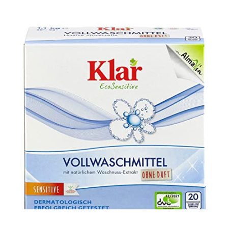 Klar Vollwaschmittel ohne Duft 1,1kg I Umweltfreundliches Waschpulver für Allergiker mit Waschnussextrakt I Ausreichend für ca. 20 Wäschen I Frei von synthetischen Duft- & Farbstoffen I Vegan