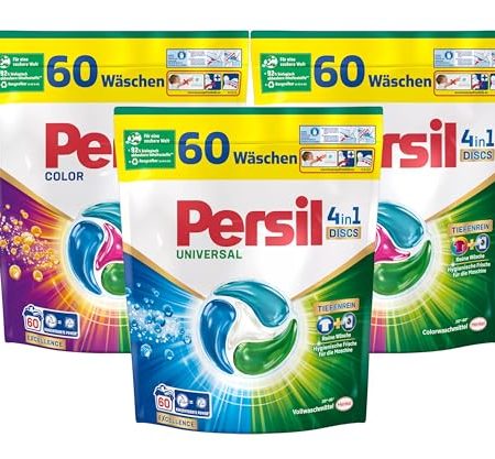 Persil Set 1x Universal & 2x Color 4in1 DISCS 180 Waschladungen (3x 60WL), Vollwaschmittel & Color Waschmittel Tiefenrein, für reine Wäsche und hygienische Frische für die Maschine