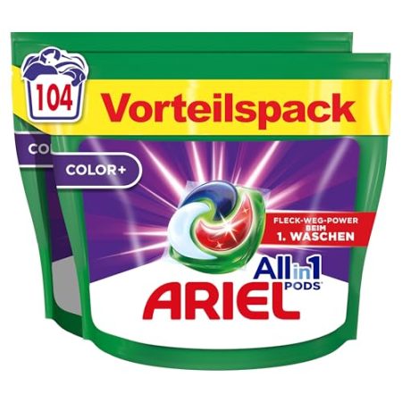 Ariel Waschmittel Pods All-in-1, Color+ Flüssigwaschmittel, 104 (2x52) Waschladungen, Kraftvolle Fleckenentfernung In Nur 1 Waschgang