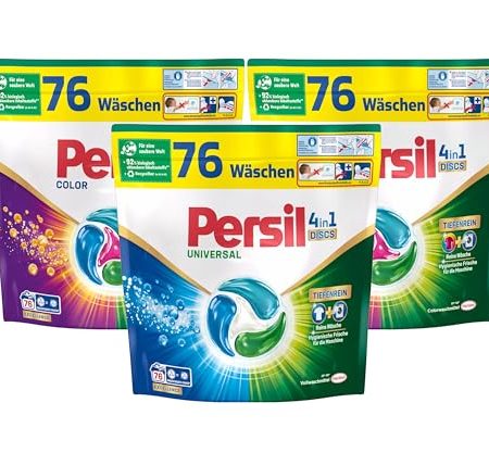 Persil Set 1x Universal & 2x Color 4in1 DISCS 228 Waschladungen (3x 76WL), Vollwaschmittel & Color Waschmittel Tiefenrein, für reine Wäsche und hygienische Frische für die Maschine