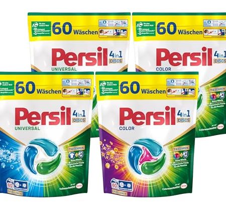 Persil Set 2x Universal & 2x Color 4in1 DISCS 240 Waschladungen (4x 60WL), Vollwaschmittel & Color Waschmittel Tiefenrein, für reine Wäsche und hygienische Frische für die Maschine