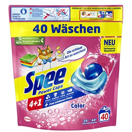 Spee Power Caps Color 4 + 1 (40 Waschladungen), Colorwaschmittel für Buntwäsche & Dunkles, vordosiertes Waschmittel vereint Reinheit, Strahlkraft, Frische & Nachhaltigkeit