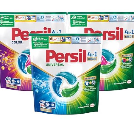 Persil Set 1x Universal & 2x Color 4in1 DISCS 132 Waschladungen (3x 44WL), Vollwaschmittel & Color Waschmittel Tiefenrein, für reine Wäsche und hygienische Frische für die Maschine