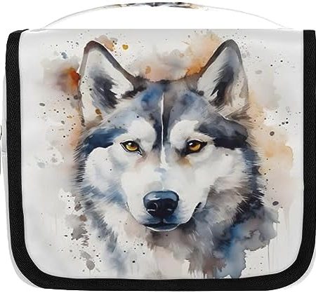 DOHOATI Kulturbeutel Aquarell Husky Hund Druck Reise Hängende Tasche Waschtasche Make-up Kosmetik Organizer Kulturbeutel für Frau Mann, Aquarell-Husky-Hundeaufdruck, 23(L)x21(H)x10(W), Make-up-Tasche