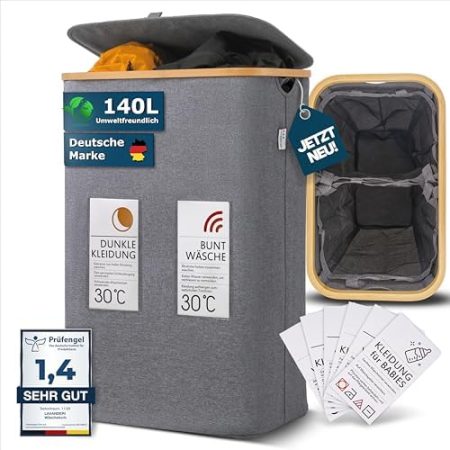 Lavanderi® Wäschekorb 2 Fächer & Deckel [schmal grau 140L XL] - Faltbare Wäschebox mit Waschhinweisen - Wäschesammler groß als Schmutzwäschebehälter - Laundry basket organizer with smartcards