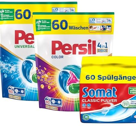 Persil Universal & Color 4in1 DISCS 120 Waschladungen (2x 60WL) & SOMAT Classic Pulver 60 Spülgänge, Vollwaschmittel & Color Waschmittel Tiefenrein & Spülmaschinenreiniger Großpackung