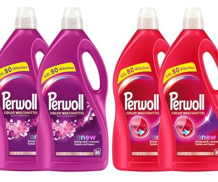 PERWOLL Flüssig-Set 4x 80 Waschladungen (320WL) 2x Color & 2x Color Blütenrausch, Feinwaschmittel-Set reinigt sanft und erneuert Farben und Fasern, mit Dreifach-Renew-Technologie