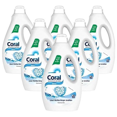 6x Coral Waschmittel White+ Flüssigwaschmittel für länger strahlendes Weiß mit Anti-Grau-Effekt 23 WL 1,15 Liter