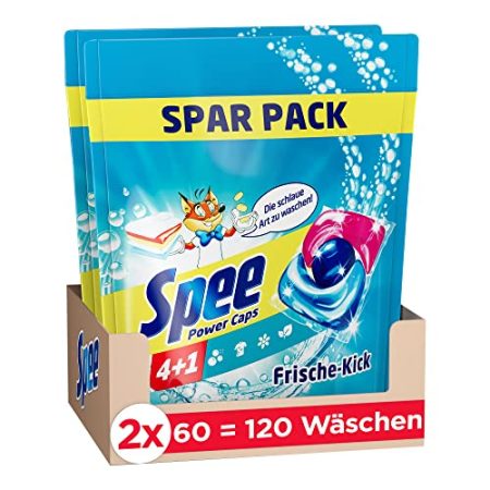 Spee Power Caps Frische-Kick 4 + 1 (120 Waschladungen), Vollwaschmittel für helle und weiße Wäsche, vordosiertes Waschmittel vereint Reinheit, Strahlkraft, Extra Frische & Nachhaltigkeit, Kapsel