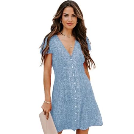 Lay U HOME Damenmode Sommer Polka dot Kurzarm Pyjama Kleid V-Ausschnitt Breasted Pyjama-Kleid-Frauen Kleid