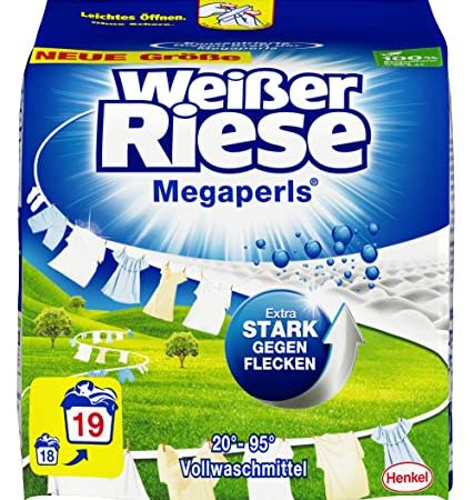 Weißer Riese Universal Megaperls Vollwaschmittel (19 Waschladungen), Waschmittel für weiße Wäsche wirkt extra stark gegen Flecken bei 20–95 °C, 100% recycelbares Plastik