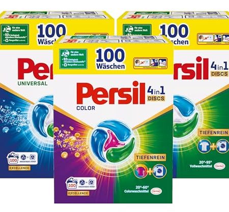 Persil Set 2x Universal & 1x Color 4in1 DISCS 300 Waschladungen (3x 100WL), Vollwaschmittel & Color Waschmittel Tiefenrein, für reine Wäsche und hygienische Frische für die Maschine