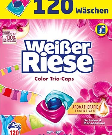 Weißer Riese Color Trio-Caps Aromatherapie Essentials (120 Wäschen), Waschmittel mit Orchidee & Macadamiaöl, Colorwaschmittel mit ätherischen Ölen & intensivem Frische-Effekt