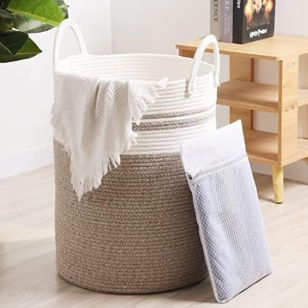 Cotton Rope Wäschekorb 2pcs von Ricihene, 58L -hohe Seil Korb mit 2 Mesh Wäschesäcke, Boho Wäschekorb mit Griffen für Wohnzimmer, Wäsche Zimmer Organizing, Schlafzimmer Lagerung 20''H 15''D